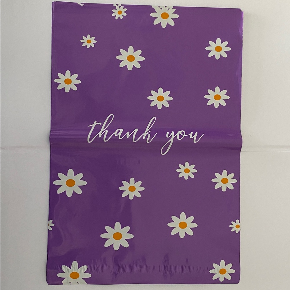 10 Poly Mailer Bags Thank you, Purple with Daisy Print, 13” x 10”